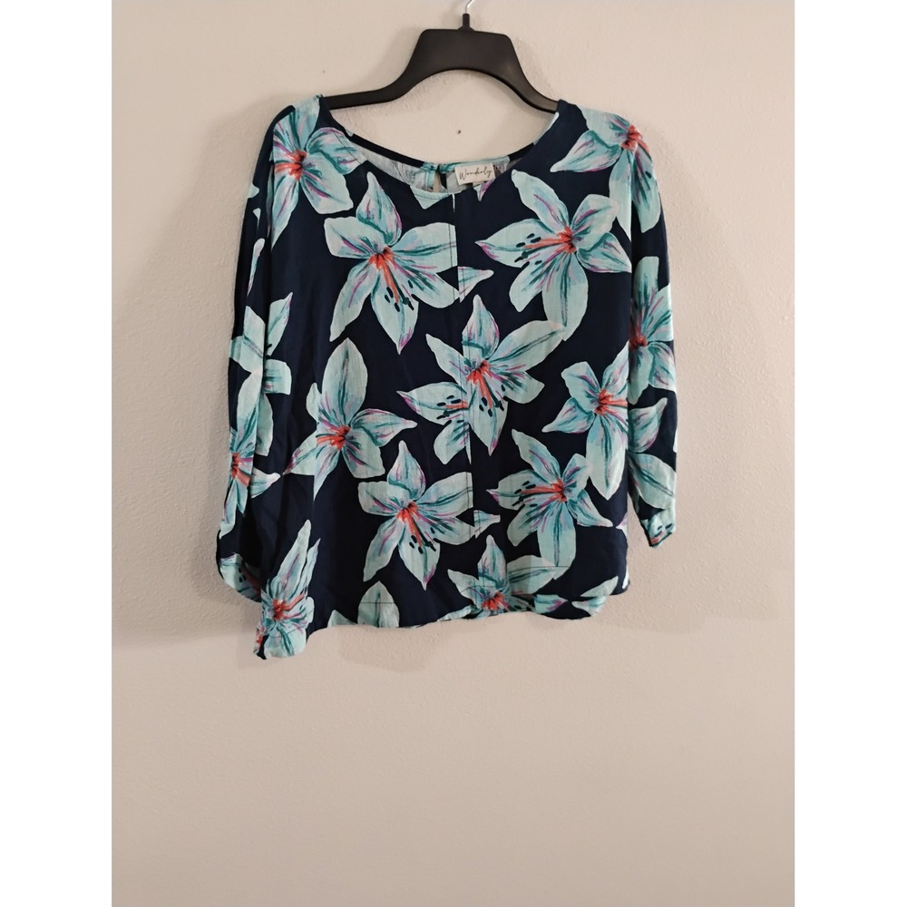 Wonderly Navy Blue Floral Lily Print Blouse XL 3/4 Sleeve Keyhole Back Top